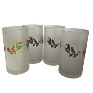 4 Mervyns Frosted Holly Highball Glasses 5" by Cerve Italy 15oz vintage holiday